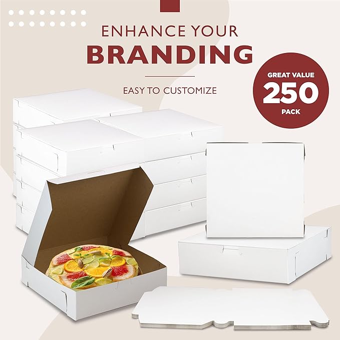 [250 Pack] Pastry Boxes - 9 x 9 x 3 Inch White Bakery Box for Cookies, Compostable Kraft Paper Cardboard for Baked Goods Packaging, Cake, Food, Donut, Cupcake, Candy, Bread, Bridesmaid Gift Box
