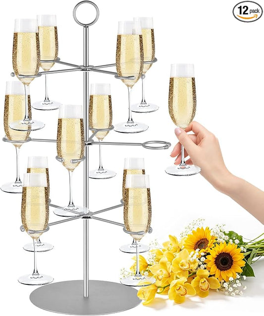 QPIX DIGITAL Cocktail Tree Stand, Metal Drink Tower, 3 Tier - 12 Holders For Champagne, Cocktails,Martini, Margarita Cups at Weddings, Bridal Shower, Mimosa Bar Parties & Events (Silver)