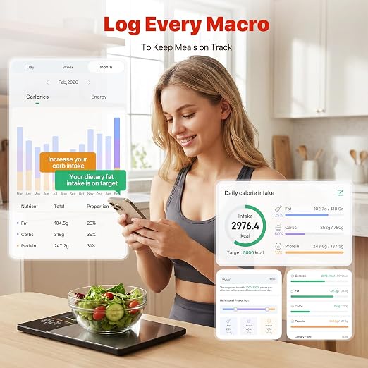 Food Scale with Nutritional Calculator, Smart Food Scale for Kitchen Tracks Calories, Fat, Carbs, Protein with Free App for Healthy Eating Meal Prep, 50+ Foods & 23 Nutrients Built-in, TFT Display