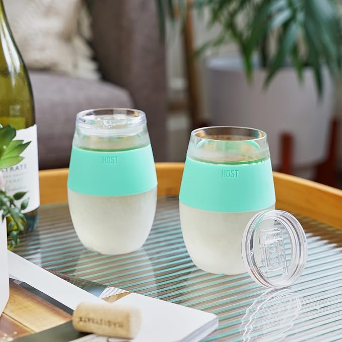 Host Wine Freeze Cup with Lid, Double Wall Insulated, Cooling Freezable Drink with Gel, Glasses for Red and White Wine, 8.5 oz, Set of 2, Mint