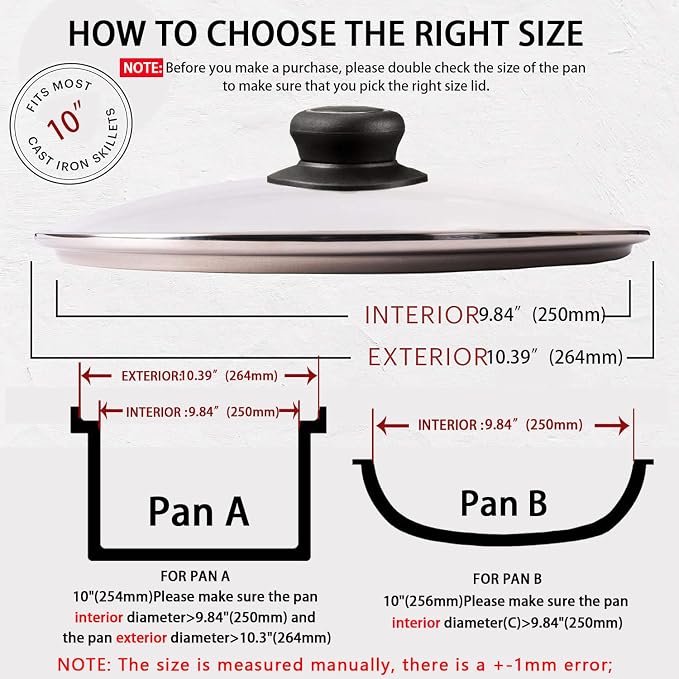 10 Inch Tempered Glass Lid Compatible with Lodge Skillets, Caraway Frying Pan, OXO Obsidian Fry Pan Skillet, Pan Lid, Pot Cover, Dutch Ovens and Other 10-10.25" Cookware