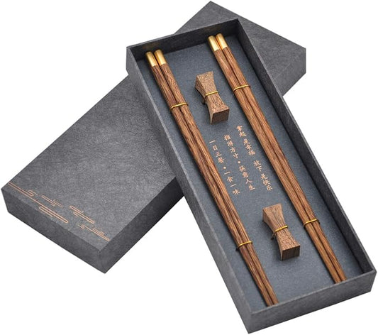Wooden Chopsticks Reusable with Case, Chinese Chop Sticks Set with Holder 2 Pair (Wenge)