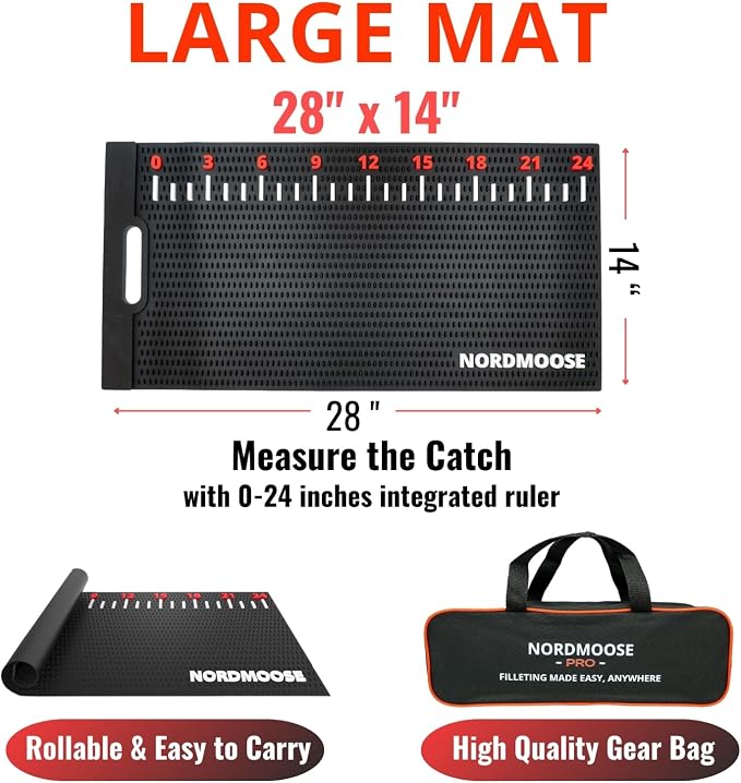 Fish Fillet Mat with Storage Bag and Fish Ruler Decal. Large 28""x14"" Nonslip Fish Cleaning Mat that Grips the Fish - Durable & Easy to Clean, Portable Fish Cutting Board, Black