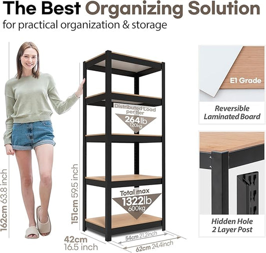 HOMEDANT House Black 5 Tier 24.4" W Laminated Metal Shelving Unit Adjustable Storage Utility Rack Heavy Duty Shelves Organization Multipurpose Shelf Kitchen Garage Pantry Closet 4 Pack