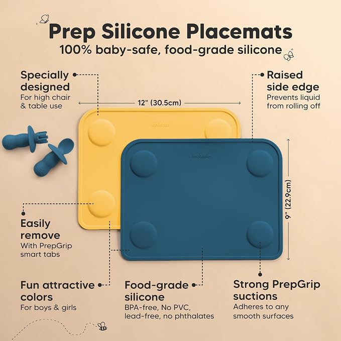 KeaBabies 2pk Silicone Placemats for Toddlers, Kids, 12x9 (Valiant) | Non Slip Suction Silicone Placemat for Restaurants, Dining Table,Travel, Easy to Clean, Food Grade/BPA-Free, Small Table Mat
