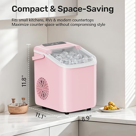 OLIXIS Countertop Ice Maker with Self-Cleaning, Portable Ice Maker Machine with Scoop, 26Lbs/24H, 9 Cubes in 6 Mins, 2 Sizes of Bullet for Home, Kitchen, Office, Pink