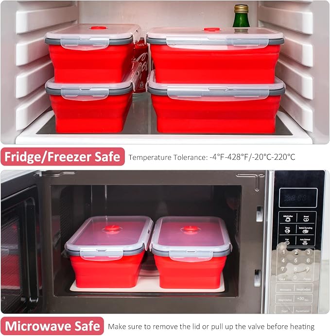 Collapsible Food Storage Containers with Airtight Lid & Air Vent, 40.5 oz, Kitchen Stacking Silicone Collapsible Meal Prep Container Set for Leftover, Microwave Freezer Dishwasher Safe, Red, Set of 4