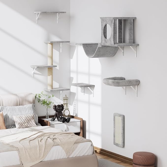 12-in-1 Cat Wall Shelves, Luxury Wall-Mounted Cat Climber Set with Condos House, Scratching Post, Bridge Ladder, Indoor Space-Saving Furniture for Kittens，Gray