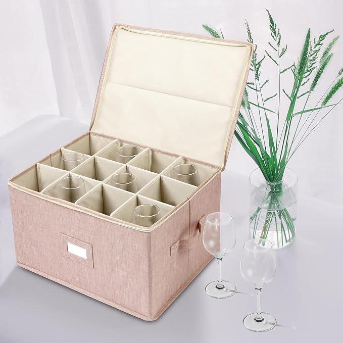 Wine Glass Storage Box, Stemware Storage Containers Cases with Dividers | Glassware Storage Containers Holds 24 Red or White Wine Glasses, Hard Top and Sides (2 Pack Beige)
