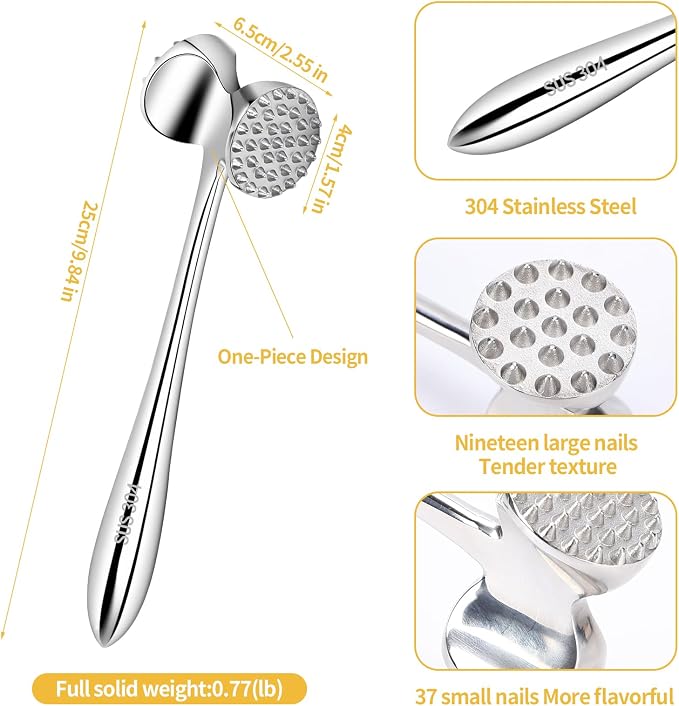 304 Stainless Steel Meat Tenderizer Mallet Dual Side Meat Hammer Chicken Pounder Heavy Duty Meat Beater for Steak and Beef Meat Pounder Kitchen Cooking Mallet Dishwasher Safe