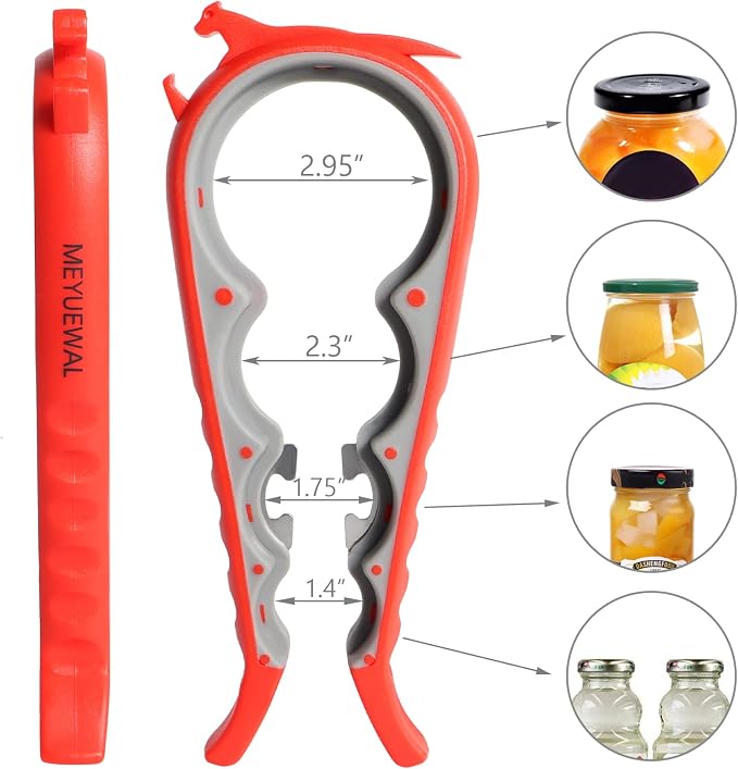 6 in 1 Lid Opener - Bottle, Jar, & Can Opener for Seniors with Arthritis or Weak Hands - Heavy Duty & Smooth Edge, Red