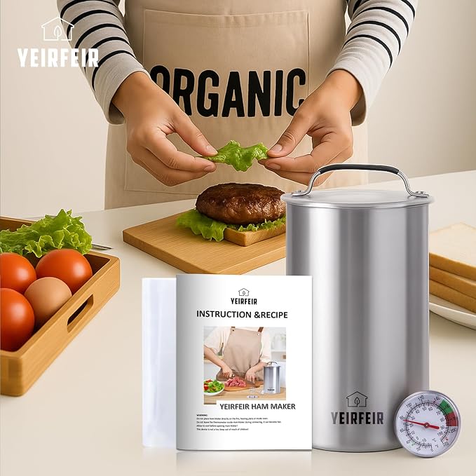 Ham Press with Large Dial Thermometer, 304 Stainless Steel Deli Meat Maker with Cool-Touch Handle for Homemade Healthy Lunch Meat, Includes 20 Cooking Bags & Recipes - YEIRFEIR