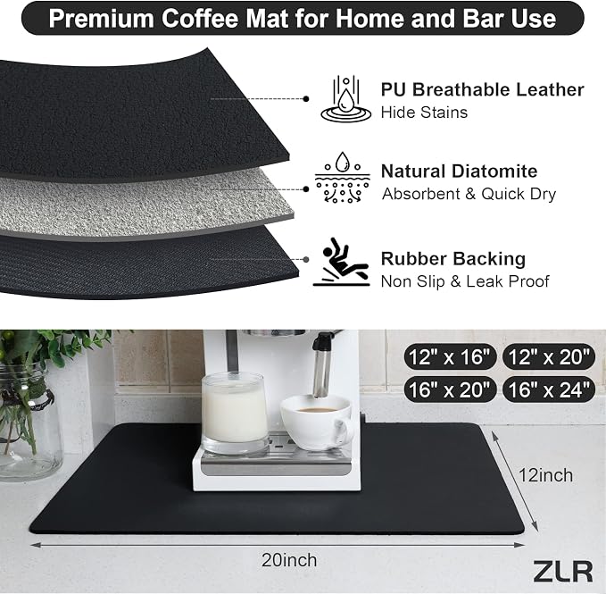 ZLR Coffee Bar Mat for Espresso Machine, 12"x20" Medium, Black | Absorbent Dish Drying Mat, Stain-Hiding PU Top, Non-Slip Back, Fits Grinder, Knock Box, Tamper & Milk Frother