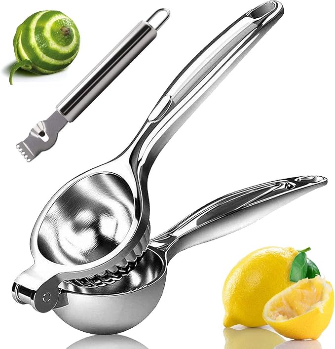Lemon Squeezer, Fast Effortless Juice Extraction with Large Metal Citrus Juicer, Maximum Yield Heavy Duty Hand Lime Squeezer, Manual Lemon Juicer Press, Easy to Use w/Stainless Steel Zester