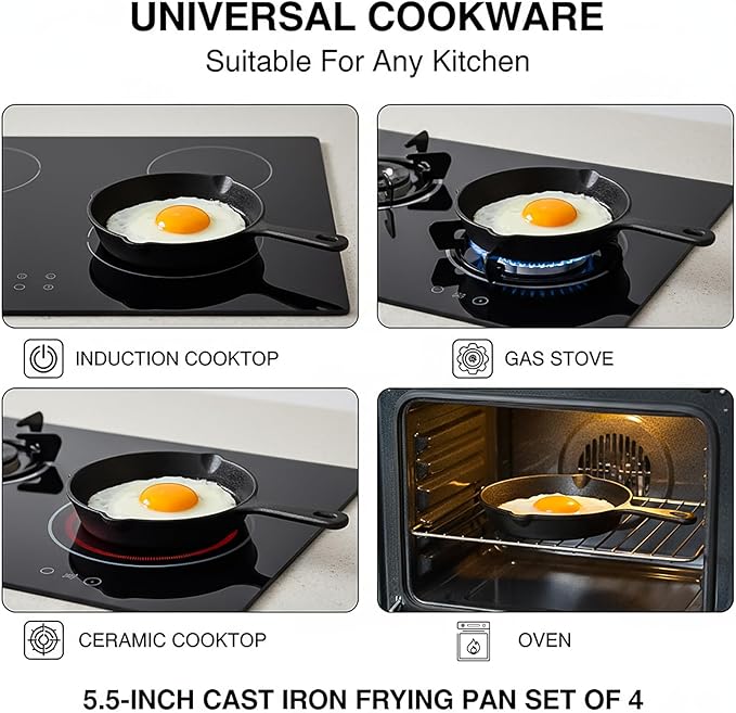 Hiceeden 4 Pack Small Cast Iron Skillet, 5-1/2 Inch Frying Pans with Double Drip-Spouts for Stove, Oven, Grill Safe, Indoor and Outdoor Use, Non-stick