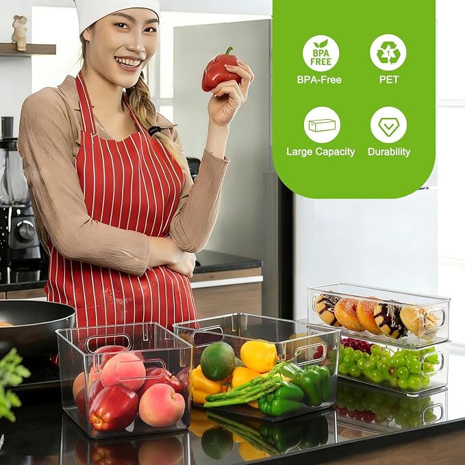 Hudgan Set of 8 Clear Plastic Storage Bins 4 Large and 4 Small Stackable Storage Containers for Pantry Organizers and Kitchen Storage, Cabinet, Freezer, Under Sink Organization