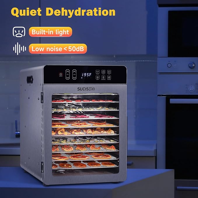 SUCISENI Food Dehydrator for Jerky, 10 Stainless Steel Trays 9ft² Dehydrator Machine, 1000W Dehydrator with 24H Timer 195℉ Temperature Control for Meat, Fruits, Veggies, Dog Treats