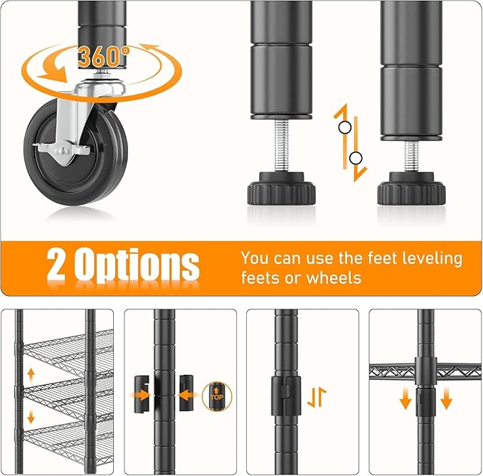 Himimi 5 Tier Wire Shelving with Wheels Heavy Duty Height Adjustable Metal Shelves for Storage, Commercial Grade Steel Utility Wire Rack for Kitchen Garage Pantry Organization-24×48×82, Black