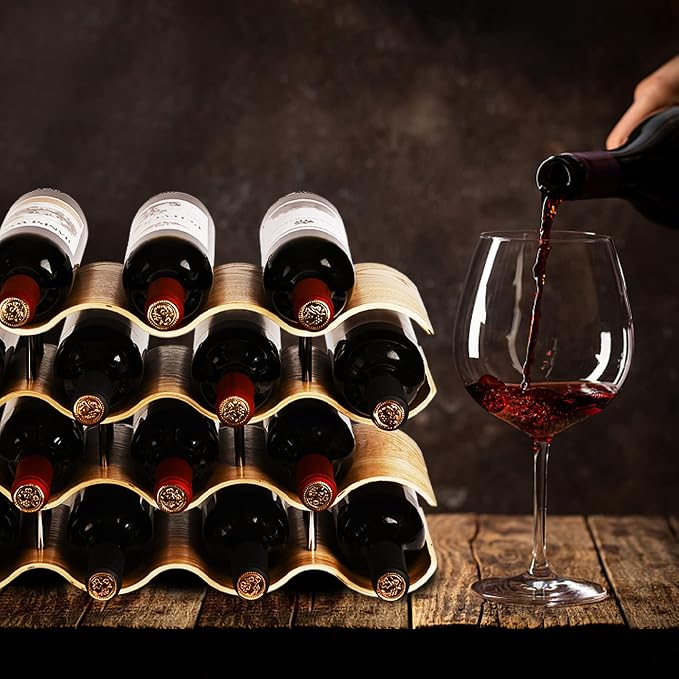 Countertop Wine Rack - 14 Bottle Freestanding Wine Bottle Holder Stand - 4 Tier Wooden Wine Storage Rack - Wavy Wine Organizer for Cabinet Pantry Home Kitchen Bar