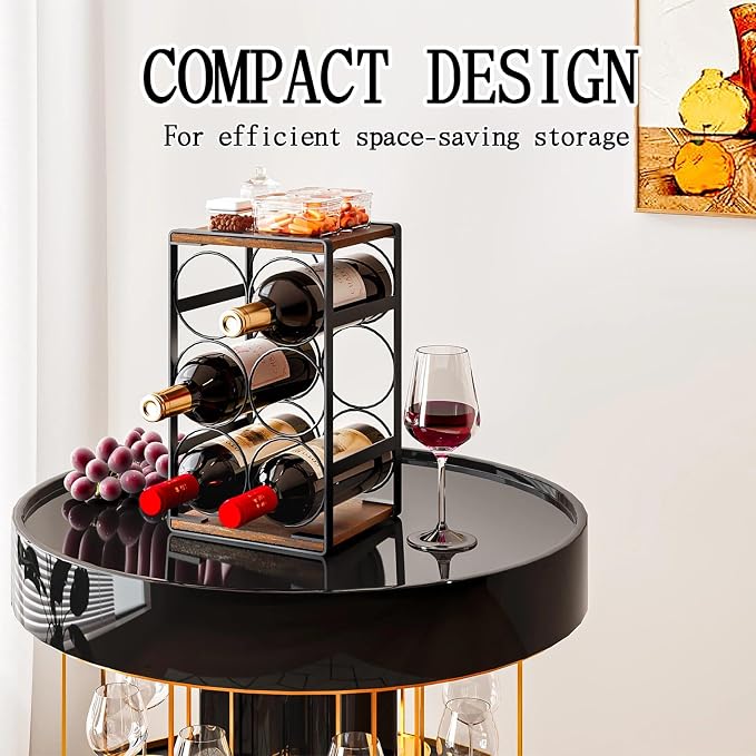 6 Bottle Countertop Small Wine Rack | Compact Design MDF Wood Construction, for Countertop, Cabinet & Corner Storage, Hold Up to 6 Wine Bottles