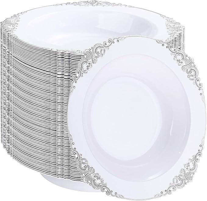 100PCS Silver Plastic Bowls - 12 oz Silver Disposable Salad Bowls - Heavy Duty Disposable Soup Bowl - Fancy Plastic Ice Cream Bowl for Weddings Parties Dinners Picnics