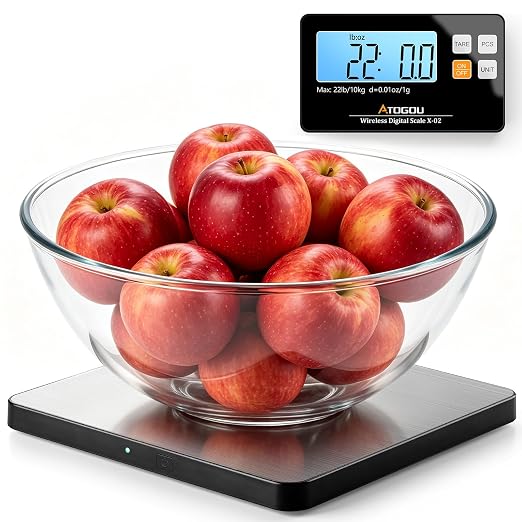 Atogou Wireless Kitchen Scale, 22lb/10kg Food Scale with Detachable Display & Larger Platform, 0.01oz/1g, 9 Units, Counting Function, Stainless Steel, for Cooking, Baking, Shipping, Sliver