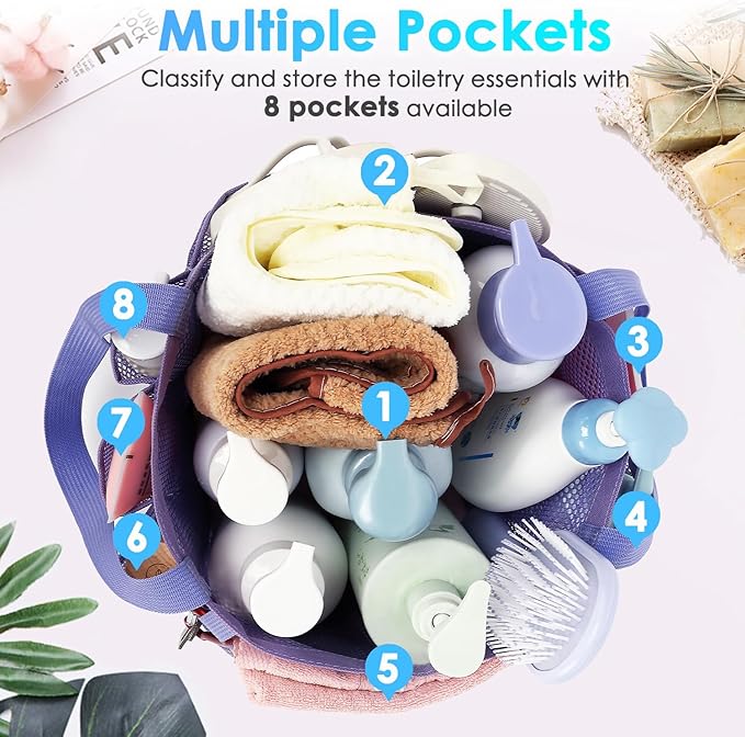 Fammart Mesh Shower Caddy Portable for College Dorm Room Essentials, Odorless Polyester Large Shower Tote Bag with Dual Handles, 8-Pocket Quick-Dry Toiletry Organizer for Travel, Beach, Camping, Gym