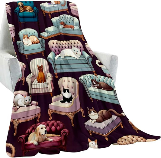Dog and Cat on Sofa Blanket Gifts for Kids Adult,Cute and Playful Animal Throw Blankets,Soft Comfy Lightweight for Room Couch Bed Modern Adorable Decor,Pet Lover 60x80in