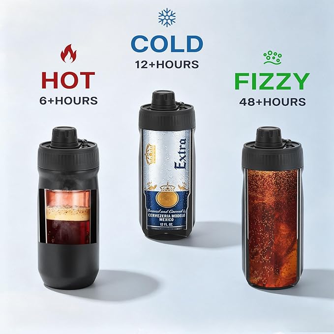 5 In 1 Beer Can Cooler Bottle Holder with Drinking Spout Lid for 12oz Regular, Slim Skinny Cans Bottles,Sealed Insulated Double Wall Vacuum Stainless Steel Can Keeps Your Drinks Cold(Black)