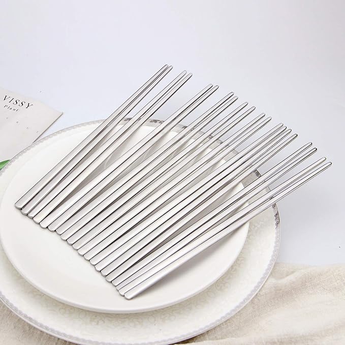 IQCWOOD Metal Chopsticks,10 Pairs 304 Stainless Steel Flat Chopsticks, 8.66 Inch Dishwasher Lightweight Korean Chopsticks Set Reusable Classic Style for Dinner