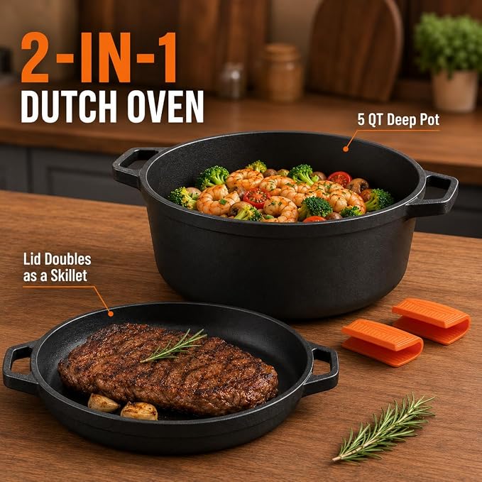 Overmont 5QT Double Dutch Oven - 2-in-1 Pre-Seasoned Cast Iron Pot & Recipe | Skillet Lid Doubles as Frying Pan, Heavy Duty Cast Iron Pot with Handle Covers, for Sourdough Baking Frying Outdoor Camping