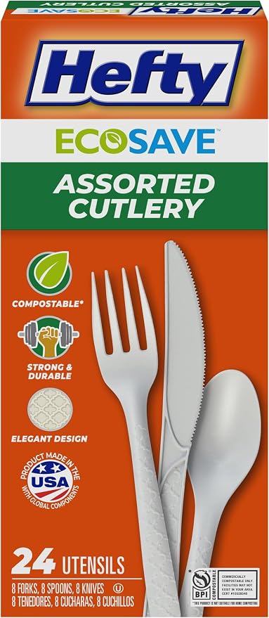 Hefty ECOSAVE Compostable Assorted Cutlery Set, Utensils for BBQs, Tailgates, Camping, Parties, & More, Includes 8 Forks, 8 Spoons, and 8 Knives, Compostable, Sustainable Design, 24 Count (Pack of 8)