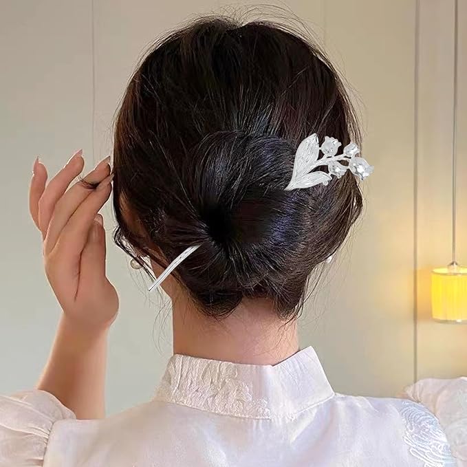 Lawie 10 Pack Silver Hair Sticks Flower Leaf Decorative Metal Long Hair Pins Bun Holders Chopsticks for Hair Chinese Hanfu Costume Retro Vintage Fancy Headpieces Accessories for Women Girls