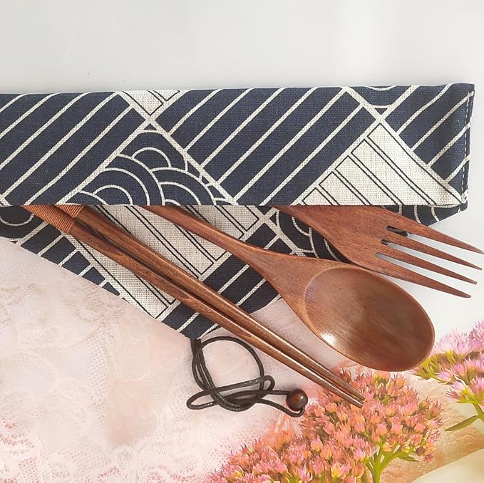 Wooden Cutlery Set Chopsticks Spoon Fork with Tied Line, Bamboo Outdoor Camping Travel Utensils Reusable Tableware Spoon for Eating with Cloth Bag (4 Pack)