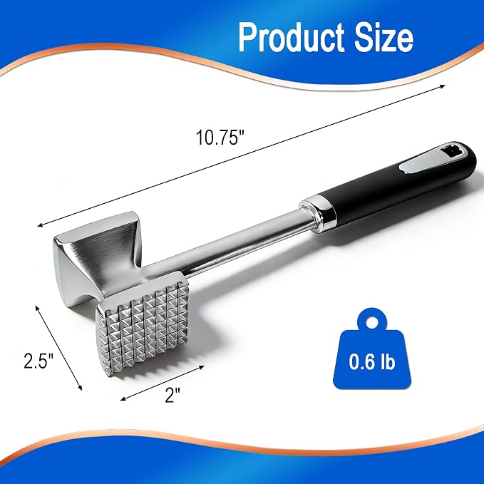 Aluminum Meat Tenderizer Hammer, Dual-Sided Meat Mallet with Grip | Dual-sided aluminum meat tenderizer with textured and smooth sides for tenderizing, flattening, and crushing meats and foods