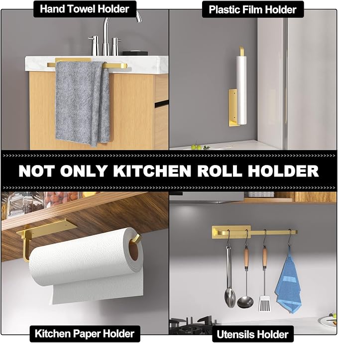 Paper Towel Holder - Self-Adhesive or Drilling, Gold | Under-Cabinet or Wall-Mounted | Kitchen Roll Dispenser | Upgraded Aluminum | Lighter Yet Stronger Than Stainless Steel