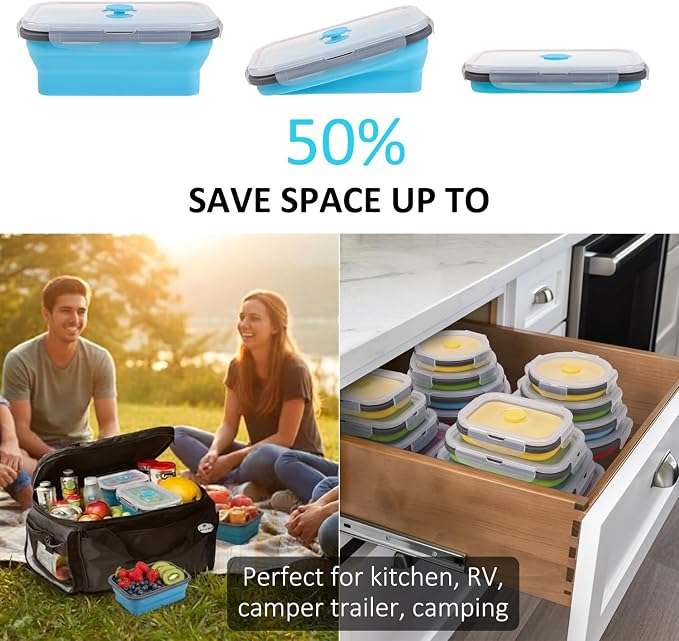 Collapsible Food Storage Containers with Airtight Lid & Vent Valve, 27 oz, Annaklin Kitchen Stacking Silicone Collapsible Meal Prep Container Set for Leftover, Microwave Freezer Safe, Blue, Set of 4