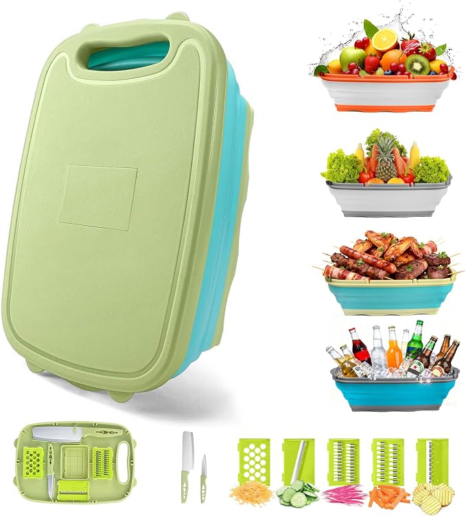 Gintan Camping Cutting Board, 9-in-1 Collapsible Chopping Board with Colander, Kitchen Vegetable Washing Basket for Camping, Camping Gifts Camping essentials for RV Campers (Blue Green)