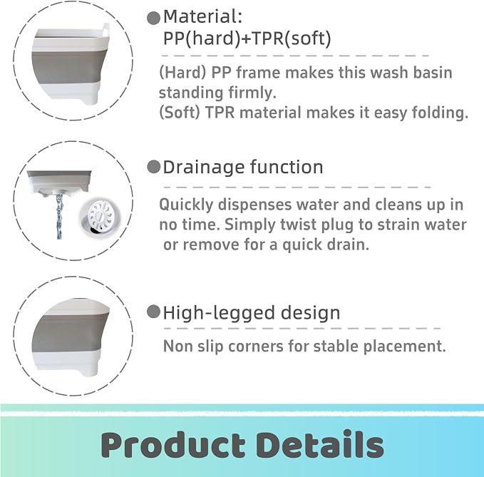 Collapsible Wash Basin with Drain Plug - 2.4 Gallon Foldable Kitchen Sink for Baby Bottles, RV Camping, Space-Saving Dish Tub (Gray) | 2.4 Gal, Collapsible Dish Basin, Drain Plug, Kitchen Sink, Camping, RV, Space-Saving, Narrow Sink, Apartment, Baby Bo...