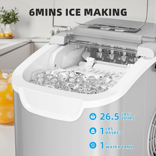 Antarctic Star Countertop Ice Maker Machine, 8 Cubes in 6 Mins, 26.5 lbs/Day, Self-Cleaning, 2 Sizes, Ultra-Quiet for Home/Kitchen/Camping/RV Grey