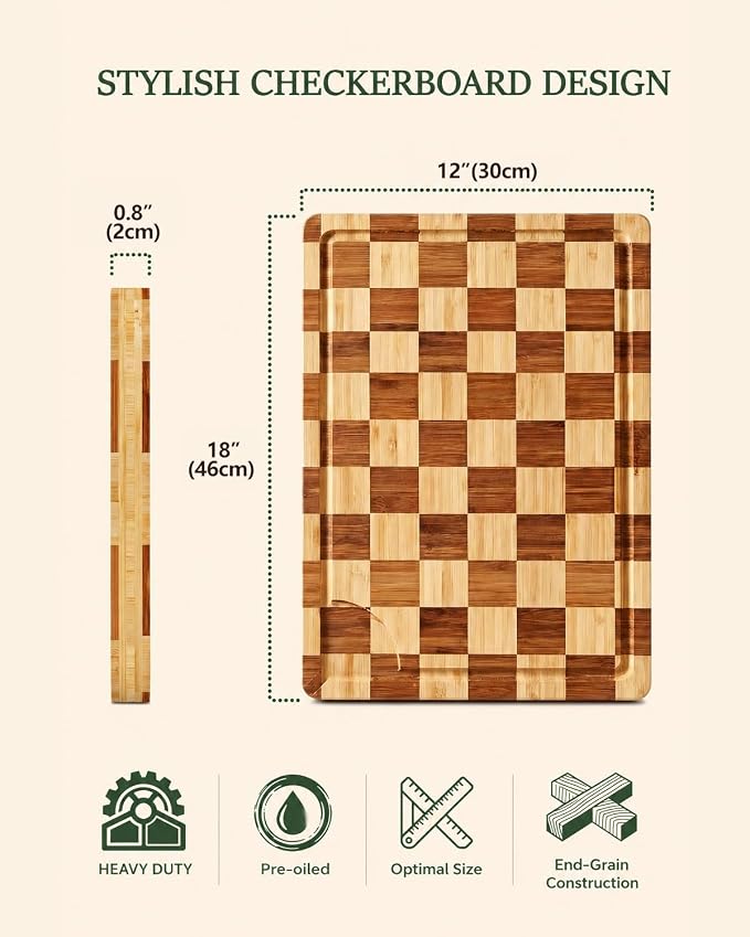 Bamboo Cutting Board 18" x 12", Heavy Duty End Grain Butcher Block for Kitchen, Wooden Chopping Board with Deep Juice Grooves and Handles for Cheese, Charcuterie, Meat, Serving and Gifting