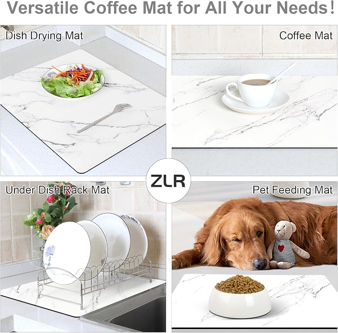 ZLR Coffee Bar Mat for Coffee Station, 16"x20" Large, Marble White | Absorbent Dish Drying Mat, Stain-Hiding Top, Non-Slip Back, Fits Espresso, Grinder, Knock Box, Frother & Cup Display