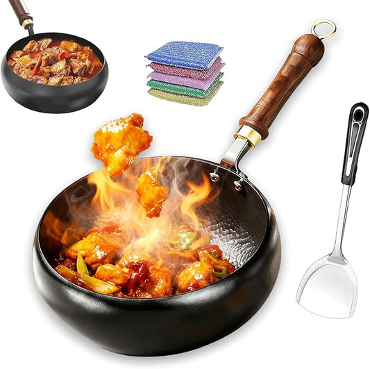 Jinswhdre Cast Iron Skillet, 9.5/11in Jinswhdre Japanese Irons Pan, Hand Forged Uncoated Iron Pan with Lid Spatula, Non-stick Wok for Cooker Gas Stir Fry Pans Durable and Rust-Free (No Lid,9.45in)