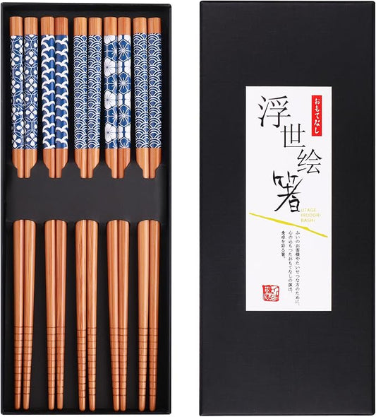 GLAMFIELDS Bamboo Chopsticks Reusable Japanese Style Lightweight 5 Pairs Ramen Chop Sticks Case Gift Set