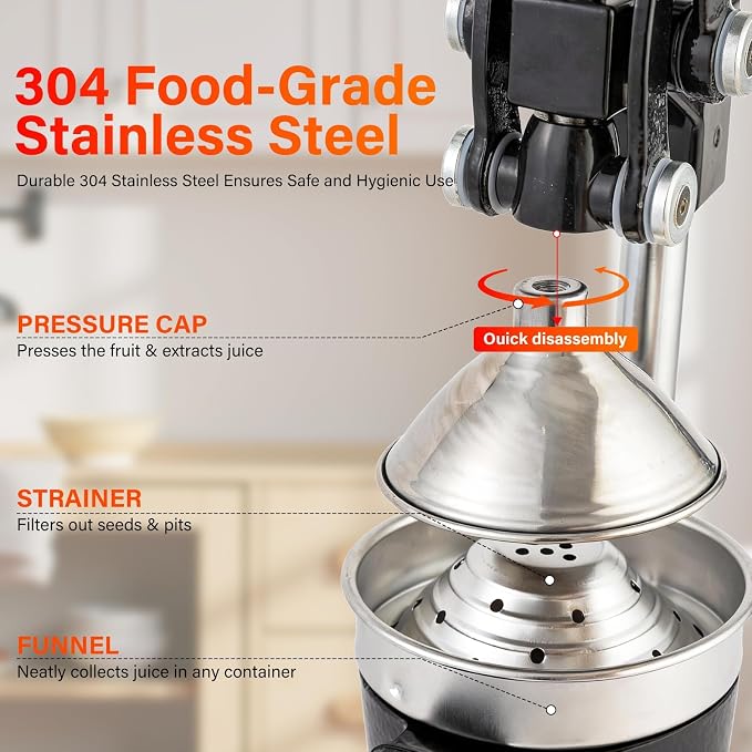 Manual Cast Iron Lemon Squeezer, Black Citrus Juicer | Detachable Cone, Free Stainless Steel Cup, Extracts Juice from Lemons, Oranges and Grapefruits, Easy to Clean