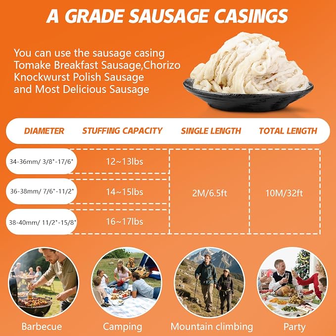 Natural Hog Sausage Casing, Edible Casings for Sausage Making, Grade A, Great for Snack Sticks, Italian Sausage, Hot Dog Casing, Breakfast Sausage Links and Most Sausage -10M/32ft,Φ36-38mm