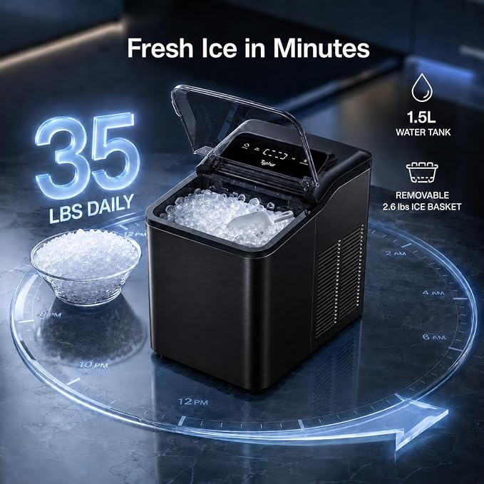 Typhur Fast Nugget Ice Maker Countertop, Chewable Pebble & Pellet Ice Machine with Self-Cleaning Pump & 8-Pack Cleaners, 35lbs/24H Crushed Ice for Kitchen, Bar, RV, Outdoor (Black Stainless Steel)