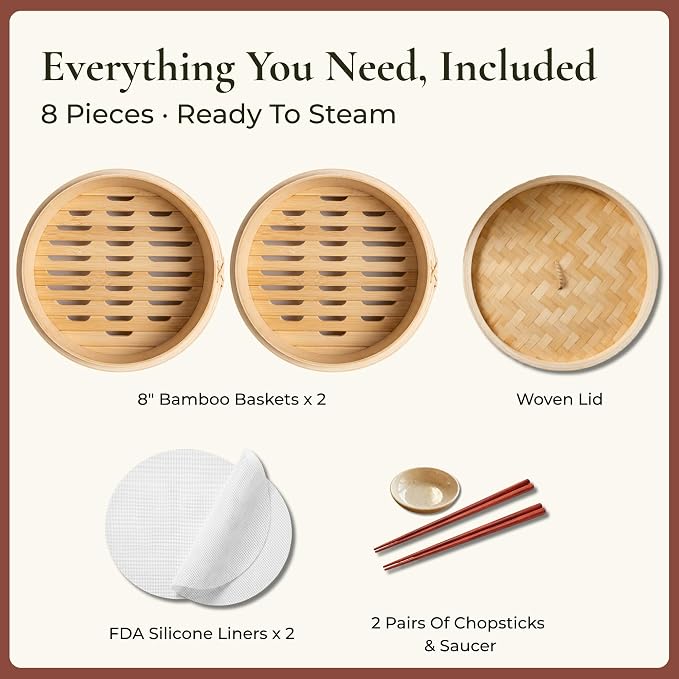 Bamboo Steamer Basket 8-Inch, 2-Tier Dumpling Steamer Cooking | Incl. Silicone Liners, Sauce Dish, Chopsticks - Small Steam Baskets - Food, Dim Sum, Bao Bun, Rice, Momo, Rice, Vegetables