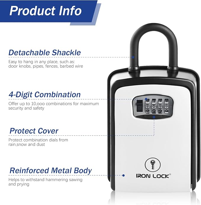 Iron Lock® XXL Portable Key Lock Box, U-Shackle 4-Digit Code (XXL, Grey) | Holds 20-30 keys plus fobs, cards & remotes; unique built-in tray; weather resistant; wall-mount hardware included