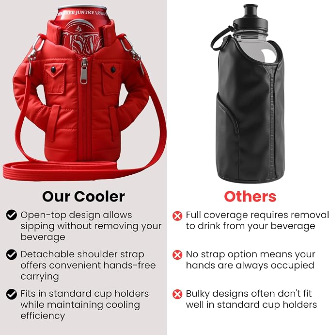 Gadgetime USA - 12oz Insulated Can Cooler Jacket (Red) - Beverage Holder with Detachable Strap - Beer/Soda Carrier - Can Holder with Shoulder Strap - Insulated Sleeve - Funny Gift for Friends & Family